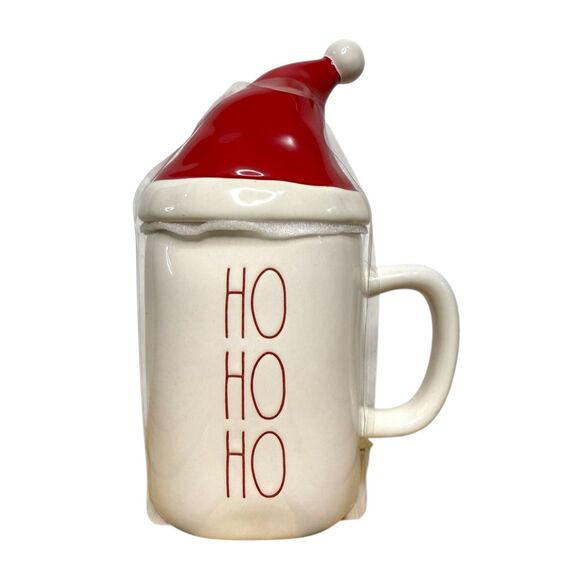 Rae Dunn Ho Ho Ho Mug With Red Santa Hat Topper Ceramic Christmas 2020 NEW - Picture 1 of 5